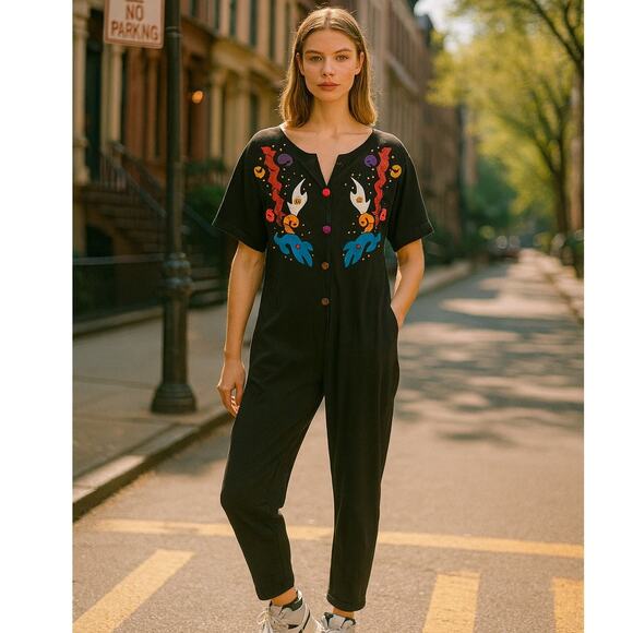 VTG Philip Noel 80's Blk Jumpsuit O/S Abstract Leather Applique Artsy Deadstock - Picture 1 of 10